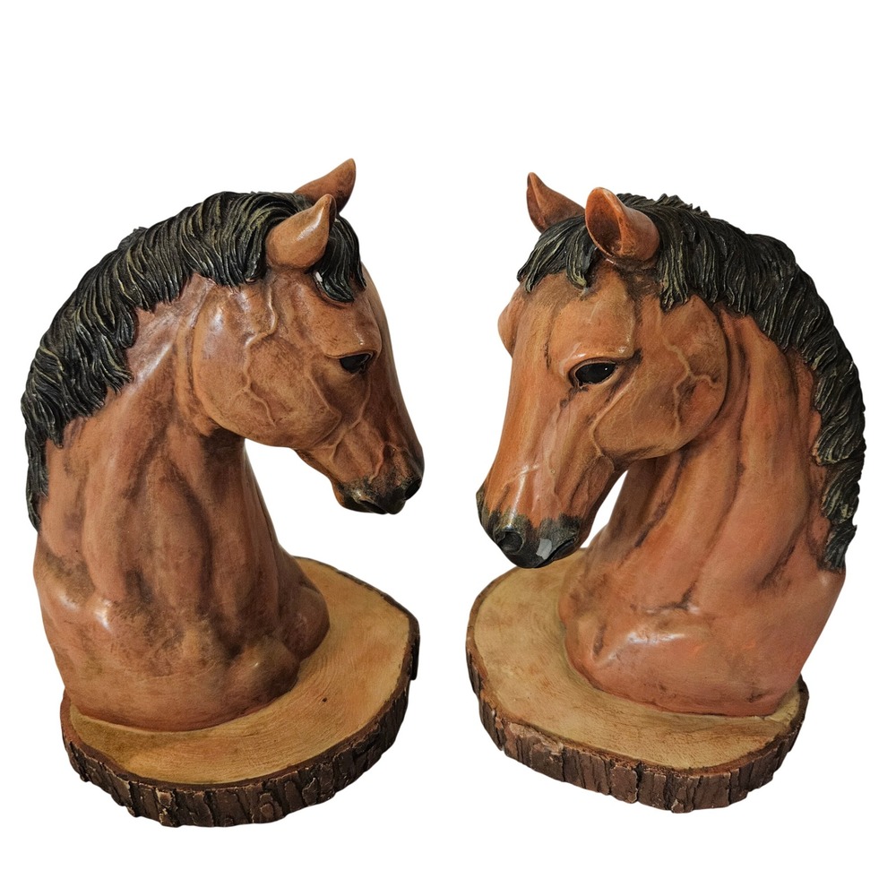 Vintage Horse Head Bookends Rustic Wood Slice Base Decorative Set - Picture 3 of 9